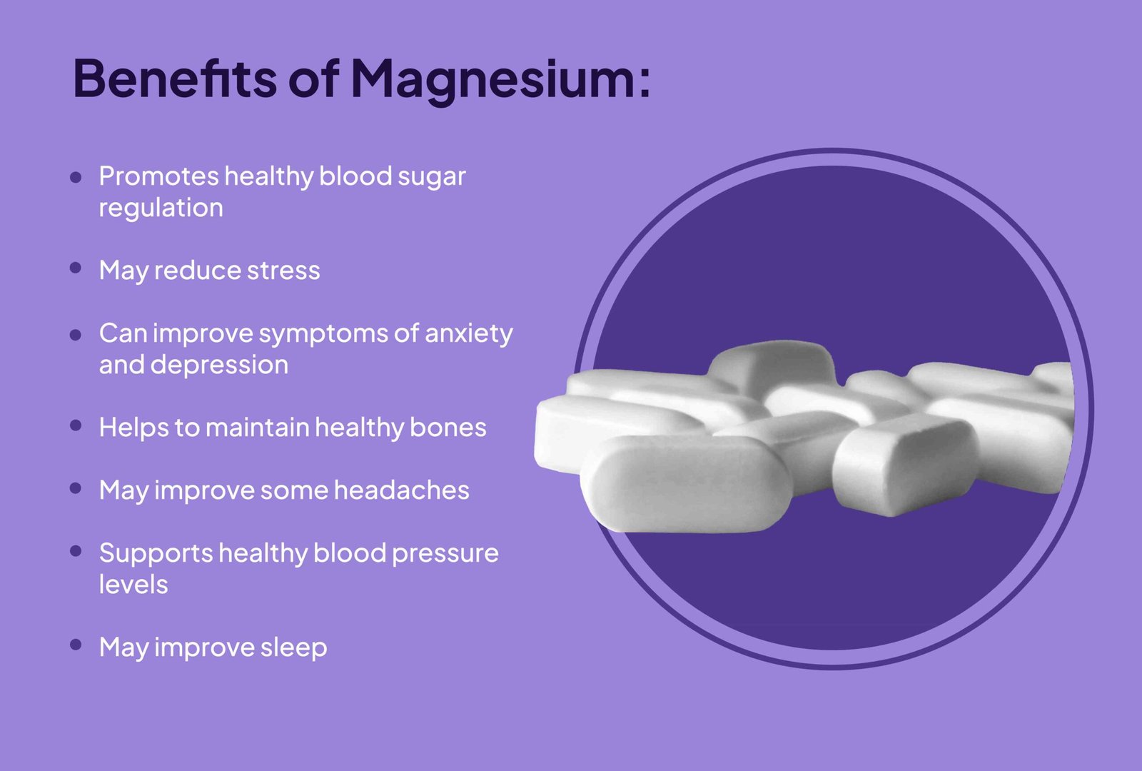 Medical illustration showing various health benefits of magnesium